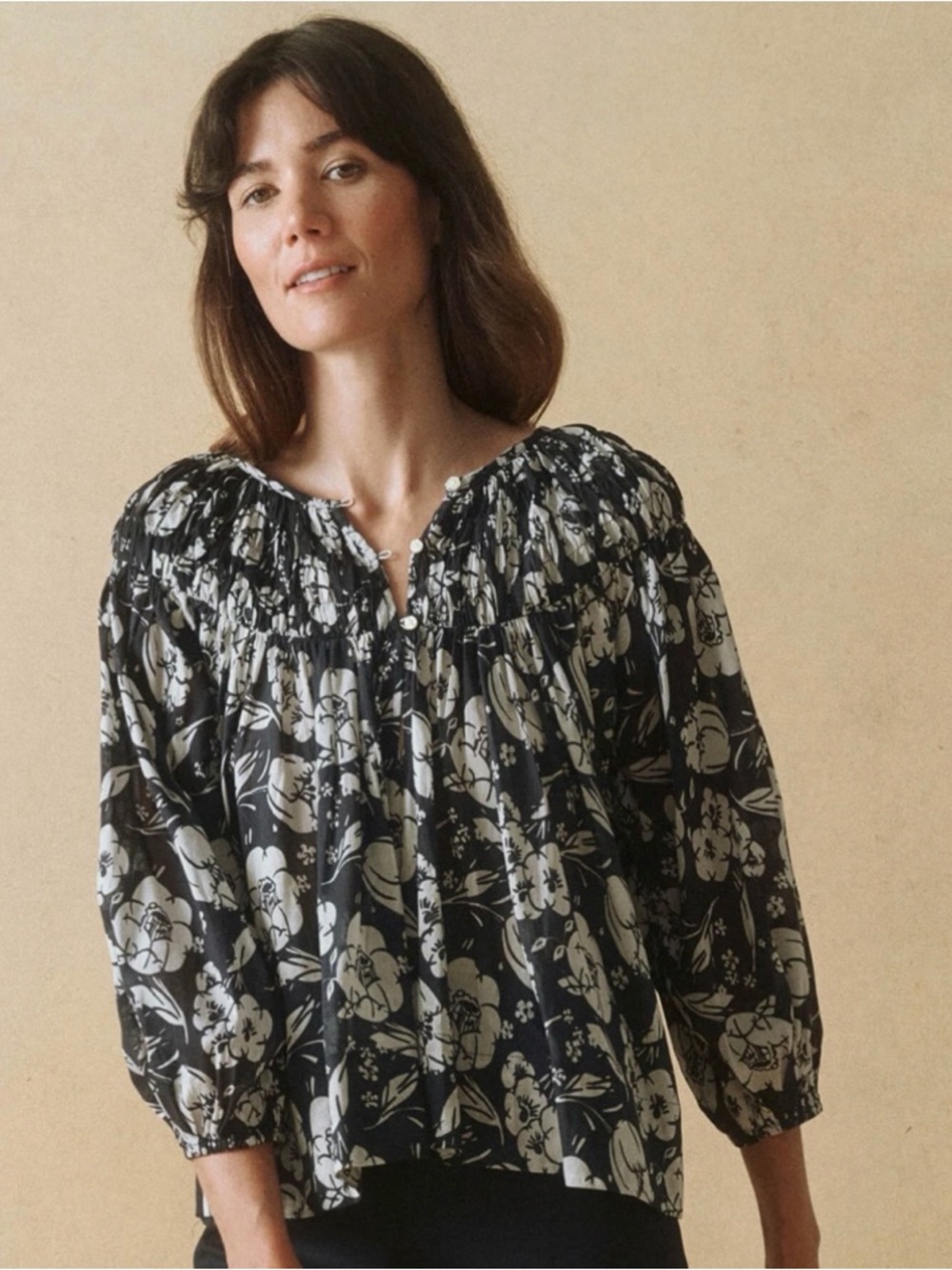 THE GREAT. The Swift Top - Navy Whisper Floral Smocked Peasant Blouse